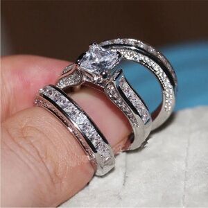 Sterling Silver Wedding Engagement 3 Piece Ring Set